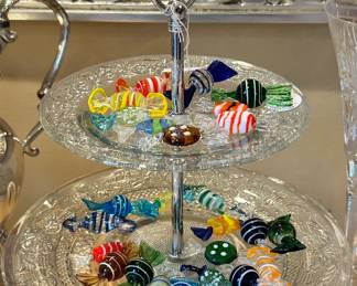 Beautiful Cut Glass Two-Tier Cut Glass Cake Stand Featuring a Delicious Selection of Murano Wrapped Glass Hard Candies.