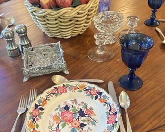 Gorgeous 4 Piece Place Setting by Marlborough Grindley England Fine China, "Royal Petal" and Shown with Art Deco 1923 Community Plate Oneida "Bird of Paradise" Flatware 92 Pc. Set Plus 1 Meat Serving Fork, Arthur Court "Magnolia" Napkin Holder with Magnolia Weight, Old Williamsburg Blue Glasses by Imperial and More!