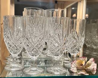 Stunning Collection of Godinger Dublin, "Shannon" Heavy Crystal Footed Ices Tea Glasses, Brand New and a Delicate Vintage Capodimonte Porcelain Orchid.