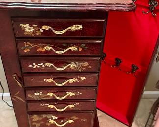 Beautiful Asian Inspired Jewelry Chest with Pull Out Drawers, Side Opening Doors and Top that Raises.  What a Piece!