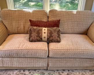 Elegant C.R. Laine Furniture Co. Two Cushioned Sofa in Golden Tufted Felt Shown with Two Custom Throw Pillows. Gorgeous and Very Comfortable! W87” x H32” x D38”