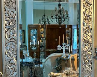 Lovely Finely Carved Silver Gilt Beveled Wall Mirror, 26.25" x 32"