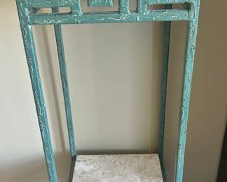 Vintage 2-Tier Pedestal Stands in Greek Key Green Patinated Metal & Natural Stone, Two Available, One 12"x12"x37" and the Other is 43"H.