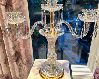 One of the Two Available Crystal Clear (Poland) Three Arm Crystal Candelabras with Brass Base & Faceted Drop Crystals, W20" x H18.5" x D6"