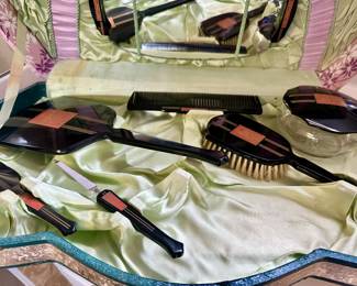 Items in the Vanity Set include Hand Mirror, Brush and Comb, File, Shoe Horn and a Covered Glass Dish.