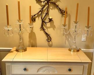 Bernhardt Pickled Oak Server shown with Three-Arm Crystal Candelabras (Sold Separately) and Metal Wall Art.