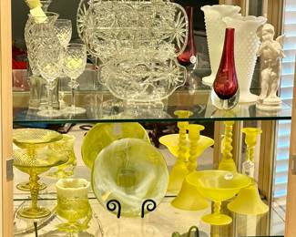 Waterford “Powerscourt” Crystal and Vintage Cut Glass Divided Serving Dishes.  Shown with Lovely Vintage Glass and a Pair of 10” Tiffin Satin Vaseline Glass Canary Twist Candle Sticks and a Vintage Tiffin Satin Vaseline Pedestal Compote