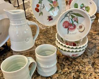 Lovely Dyann Myers Pottery Three Piece Set in Pale Blue Shown with a Royal Worcester Quiche Dish and Set of 5 Portmeirion Pomona Bowls.