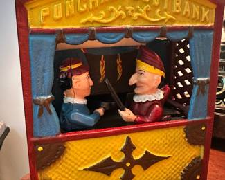 Vintage Cast Iron "Punch & Judy Bank" Mechanical Bank, Book of Knowledge Reproduction.