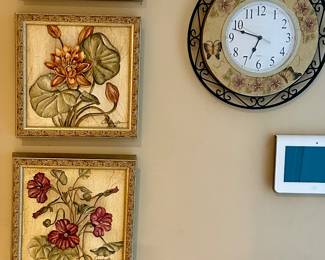 Decorative Framed Floral Prints, signed Carrington, shown with a Lovely Kirch Butterfly Wall Clock in Ceramic and Metal, 14”W