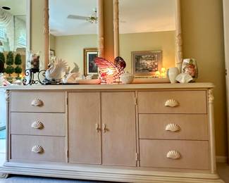 Vintage Mt. Airy Dresser, Solid Wood Art Deco Style with Shell Handles, 75"W x 19"D x 32" H & Includes Two Matching Mirrors, Each 28" x 43".