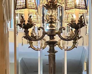 Another View of the Incredible Three-Arm Heavy Metal Candelabra Lamp with Intricate Metal Filigree Lamp Shades, Two Available. W36” x H17”
