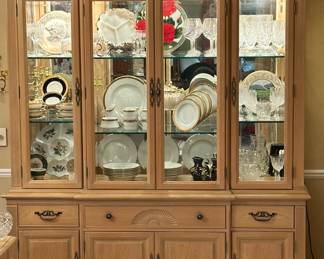 Vintage Bernhardt Pickled Oak China Cabinet, Shown with Gorgeous Crystal and Porcelain Available.