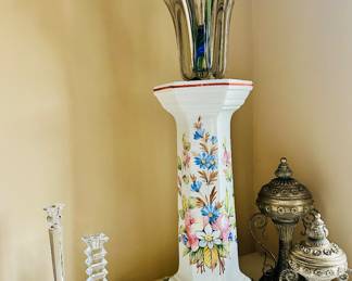 Incredible 7 Fingered Crystal Vase Shown with Lalique Hand Blown Flowers.