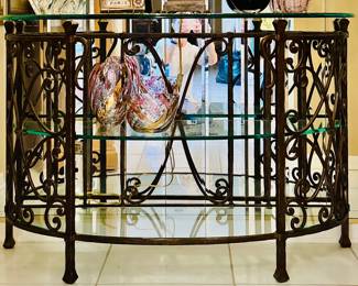 Gorgeous Scroll Wrought Iron Demi-Lune Table with Glass Top and 2 Lower Glass Shelves. W52" x H34.5" x D19"