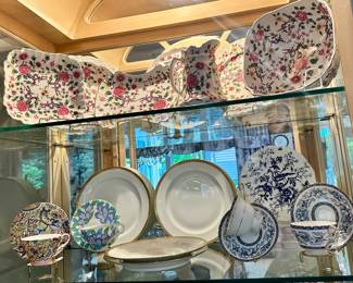 Old Foley "Chinese Rose" 7 Piece Serving Set Shown with Limoges Gold Rimed Dinner Plates and Several Rare Shelley Teacups. 