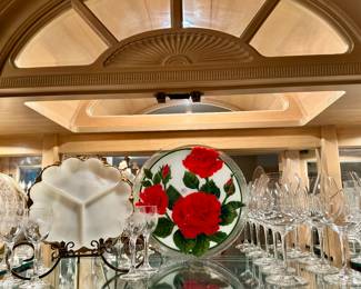 Lovely Anchor Hocking Milk Glass Divided Plate and Detailed View of the China Cabinet's Curved Pediment Top.