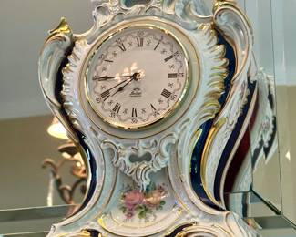Lindner Kueps Bavaria Porcelain Rococo Style Mantle/ Table Clock in Stunning Cobalt Blue, Gold and White.