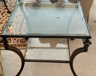 Close-up View of the Metal and Glass End Table with Carved Feet and Beveled Glass, Matches the Coffee Table. 29.5"W x 26.5"h.