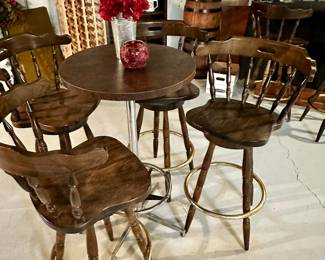 Great Vintage High Top Pub Table and Colonial Swivel Bar Stools, Set of 6,  Available in our Lower Level.