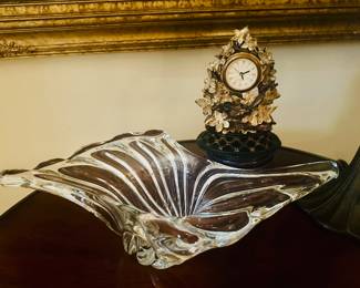 Mikasa Crystal Free-Form Glass Bowl and Vintage Carved Clock