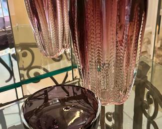 Beautiful Heavy Crystal 12" Vase with Gradient Purple Color Shown with a Deep Purple Krosno 6" Bowl