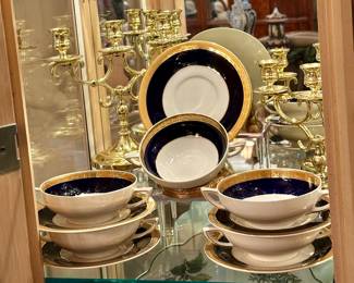 Vintage Crown Ducal “Admiral Blue” Fruit/Dessert Bowls, Set of Six. Shown with a Pair of Vintage Baldwin Brass Candelabra.