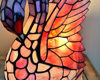 Vintage Tiffany Style White Stained Iridescent Glass Swan Accent Lamp. W13.5" x H11.5" x D6.5"