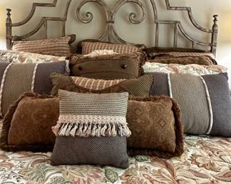 Details of the Custom Bedding, Throw Pillows and Artistica Iron Bed Frame,