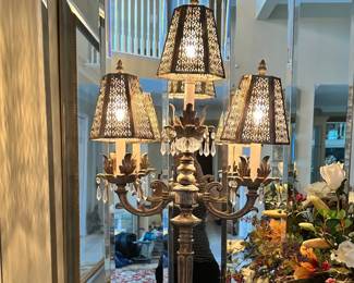Incredible Three-Arm Heavy Metal Candelabra Lamp with Intricate Metal Filigree Lamp Shades, Two Available. W36” x H17”