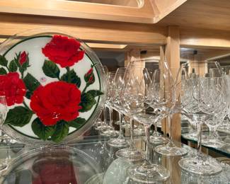 This Home has Many Crystal and Glassware Items, Including a Gorgeous Signed Peggy Karr "Red Roses" 14” Round Fused Glass Decorative Plate, Made in USA, and Signature Reidel Crystal Red Wine Goblets.
