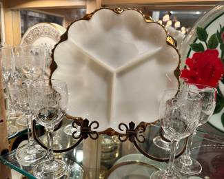 More Etched Crystal and a Vintage Anchor Hocking Milk Glass Three Section Dish.