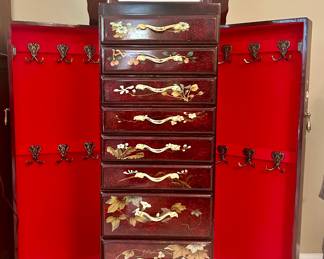 Fully Opened Top and Side Drawers on the Asian Black Lacquer Jewelry Cabinet, 37"H x 18"W x 15"D