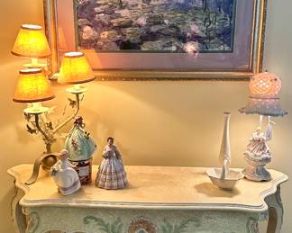 Pretty Painted Wood Console Table, Carvings are done in Pastel Pink and Green on Painted Crackle Finish,  W46” x H26.5” x D15”, With Lovely Framed & Matted Claude Monet Print, 37" x30.5".