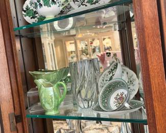 Two Piece Cream & Sugar Set by Malin in Green. Shown with a Wedgwood "Florentine" Cup and Saucer, Coalport Green Peacock Cup & Saucer, and Kosta Boda No. 47755 Anna Ehrner Swirl Crystal Signed Vase, 6.25".