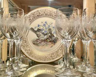 Beautifully Etched Wine Glasses, Three Sets of 6 are Available, Shown with a Decorative Edward Marshall for Lenox Mockingbird (1978 USA) Boehm Collector Plate.