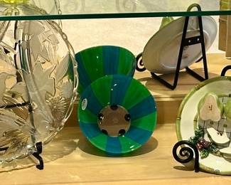 Lovely Vintage Cut Glass 13” Divided Serving Dish, a Vivid Blue and Green Bowl by Detroit Glass Co. and an 8” Decorative Pear Plate from Bella Casa by Ganz