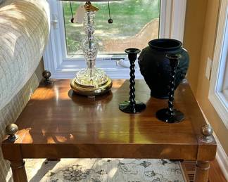The Second Heritage Chatham Side Table, Shown with a Waterford Crystal Lamp, Tiffin Matte Black Decorative Vase and a Pair of Tiffin Candlesticks.