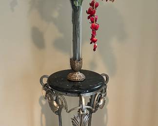 Elegant Pedestal/Plant Stand with Black Marble Top and Gorgeous Faux Flower Assortment in Glass and Gilt Gold Vase.