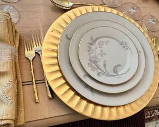Lenox “Heiress” Five Piece Place Setting for 12.  It can be sold separately as Service for 4, 6, 8 or 12 and is Shown with a New Set of Lenox Embroidered Napkins.