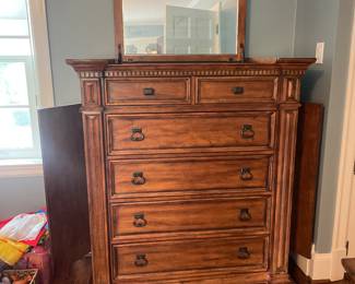 Solid Wood Upright 6 Drawer Dresser with Side Holders and Top Mirror with Compartments