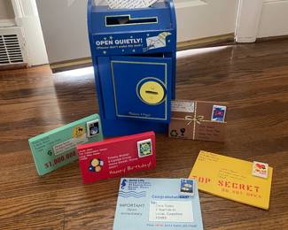 Melissa & Doug Stamp & Sort Wooden Mailbox w/Key 4 Stamps 6 Postcards Blue