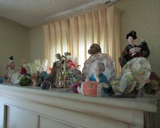 Asian statue, vases, green glass