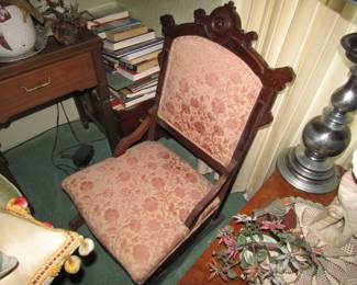 antique chair, side table, lamps, pillows
