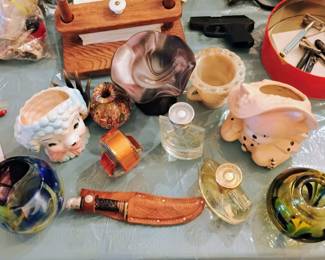 Hunting knife, art glass, BVLGARI perfumes & more.....
