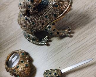 Frog trinket box, magnifying glass and letter opener
