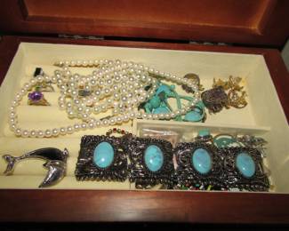 pearls, broaches, pins, sterling with turquoise