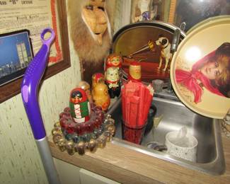 nesting dolls, metal trays, masks