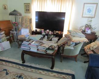 Tiffany style floor lamps, desk, books, art......