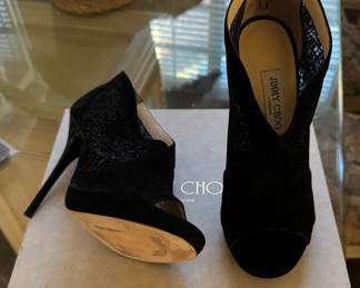 Jimmy Choo Black Mesh and Suede Open Toe Ankle Boots